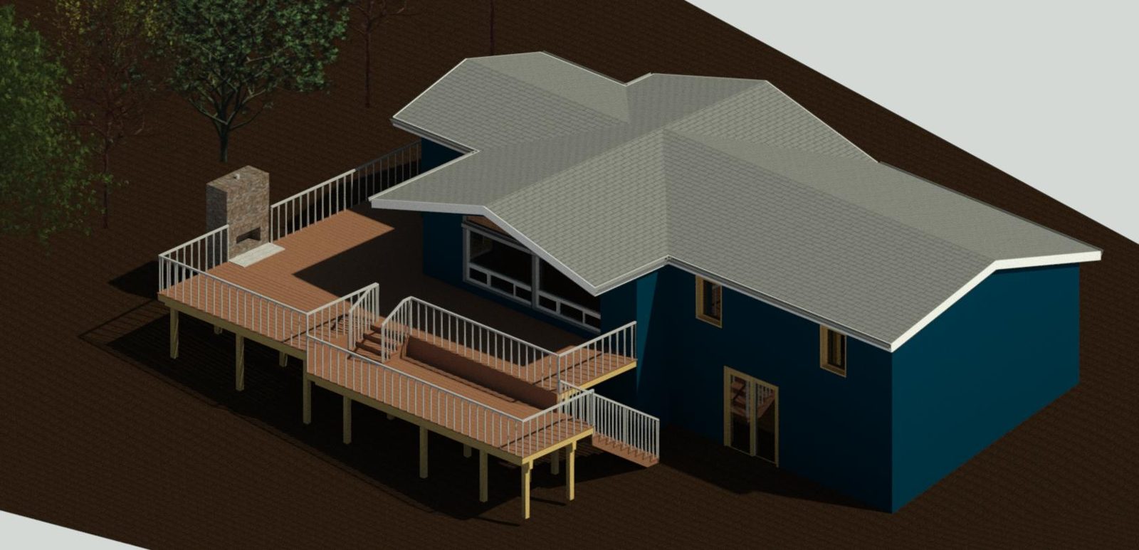 3D rendering of a wraparound multi-level deck with an outdoor stone fireplace
