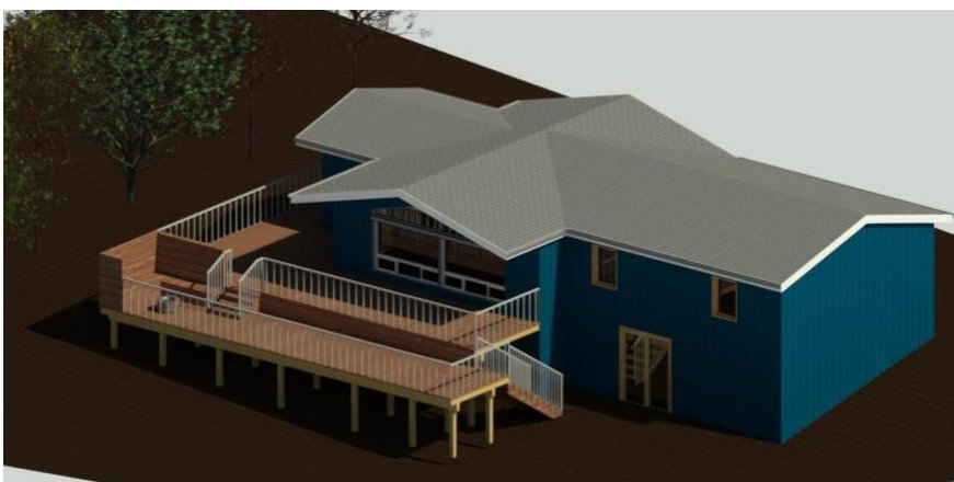 3D rendering of the revised deck design with built-in bench seating