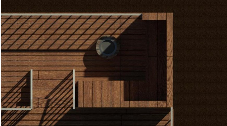 Overhead plan view of the deck corner with built-in fire pit