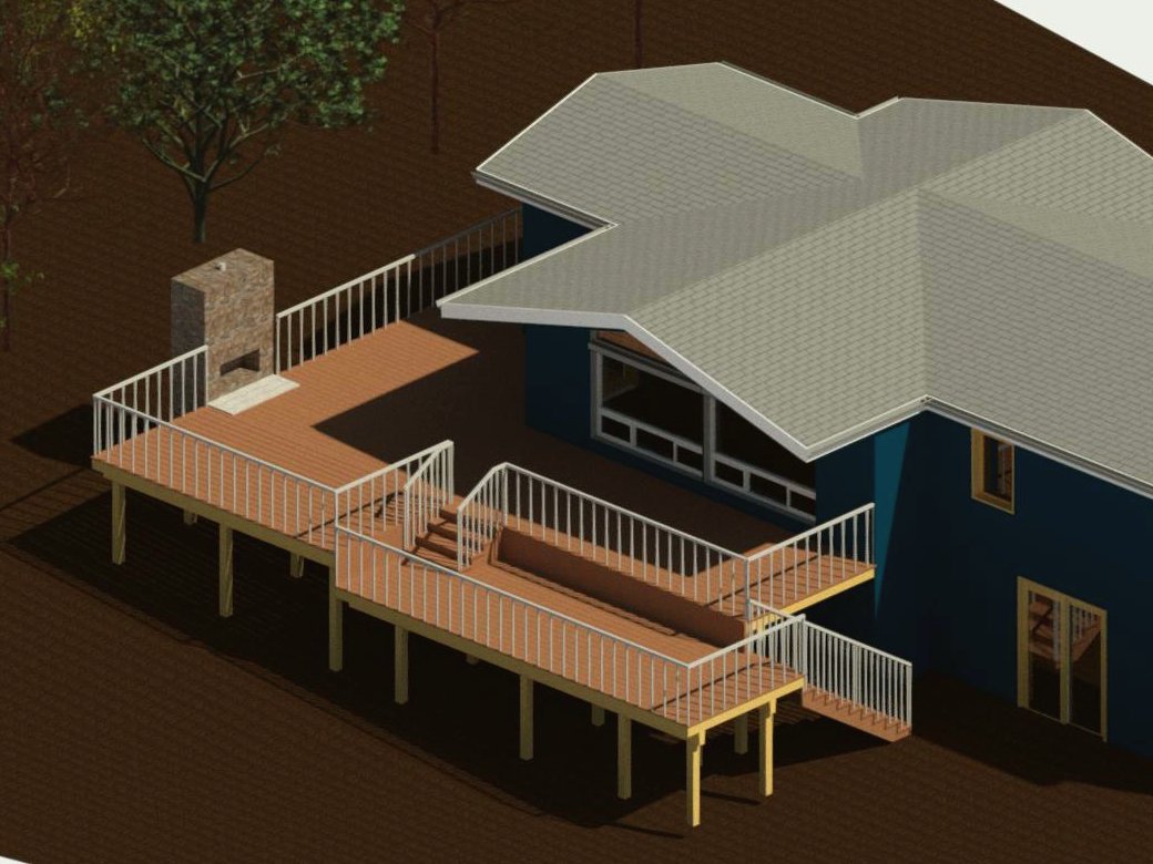 3D rendering of a wraparound multi-level deck with an outdoor stone fireplace, designed by Loome
